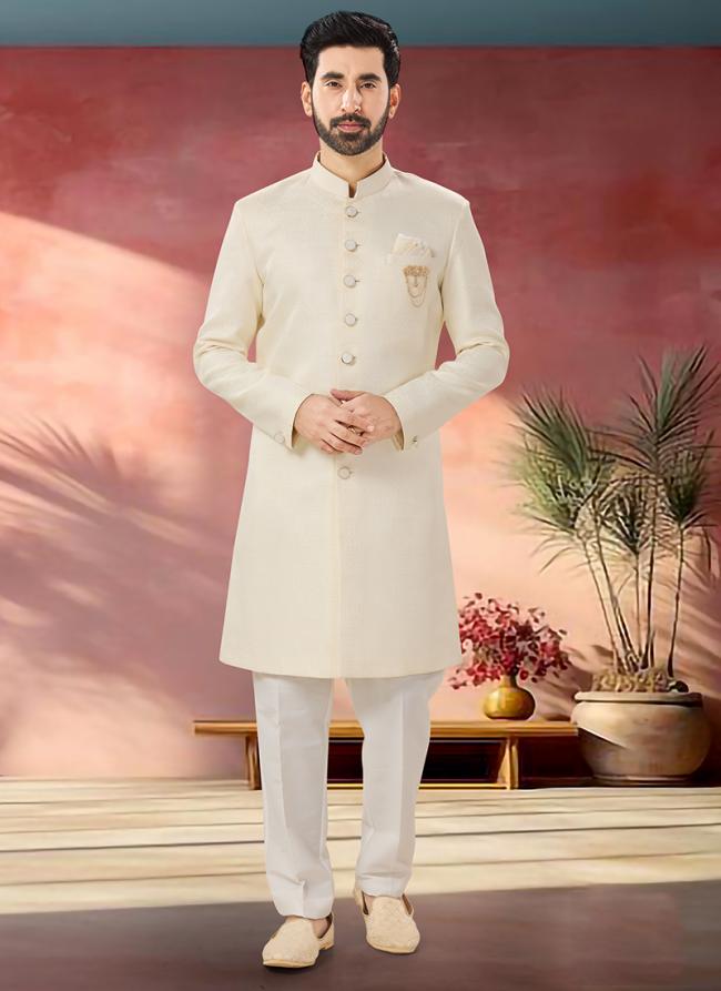 Jacquard Cream Wedding Wear Embroidery Work Readymade Sherwani